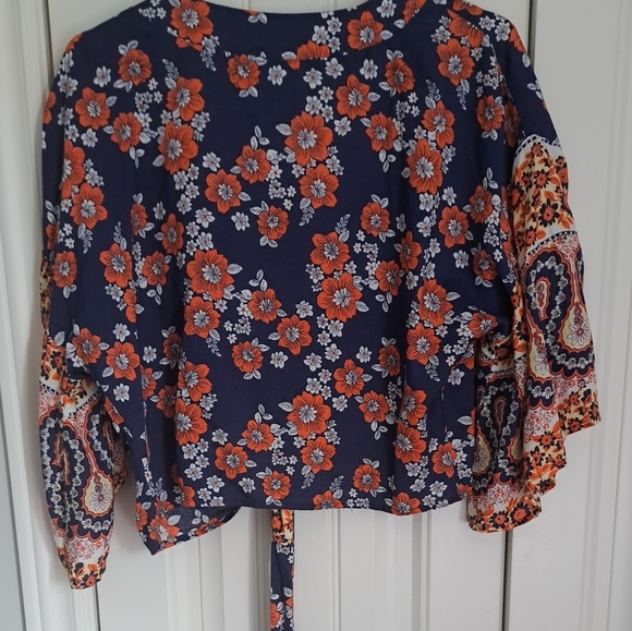 JAPNA bohemian floral flowly orange blues shrug tie shirt top M - Picture 5 of 11